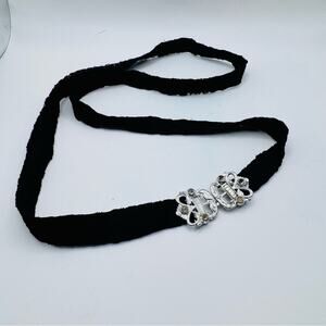 VTG WMCA Art Deco Silver Tone Belt Buckle Black Lace Belt Missing Rhinestones